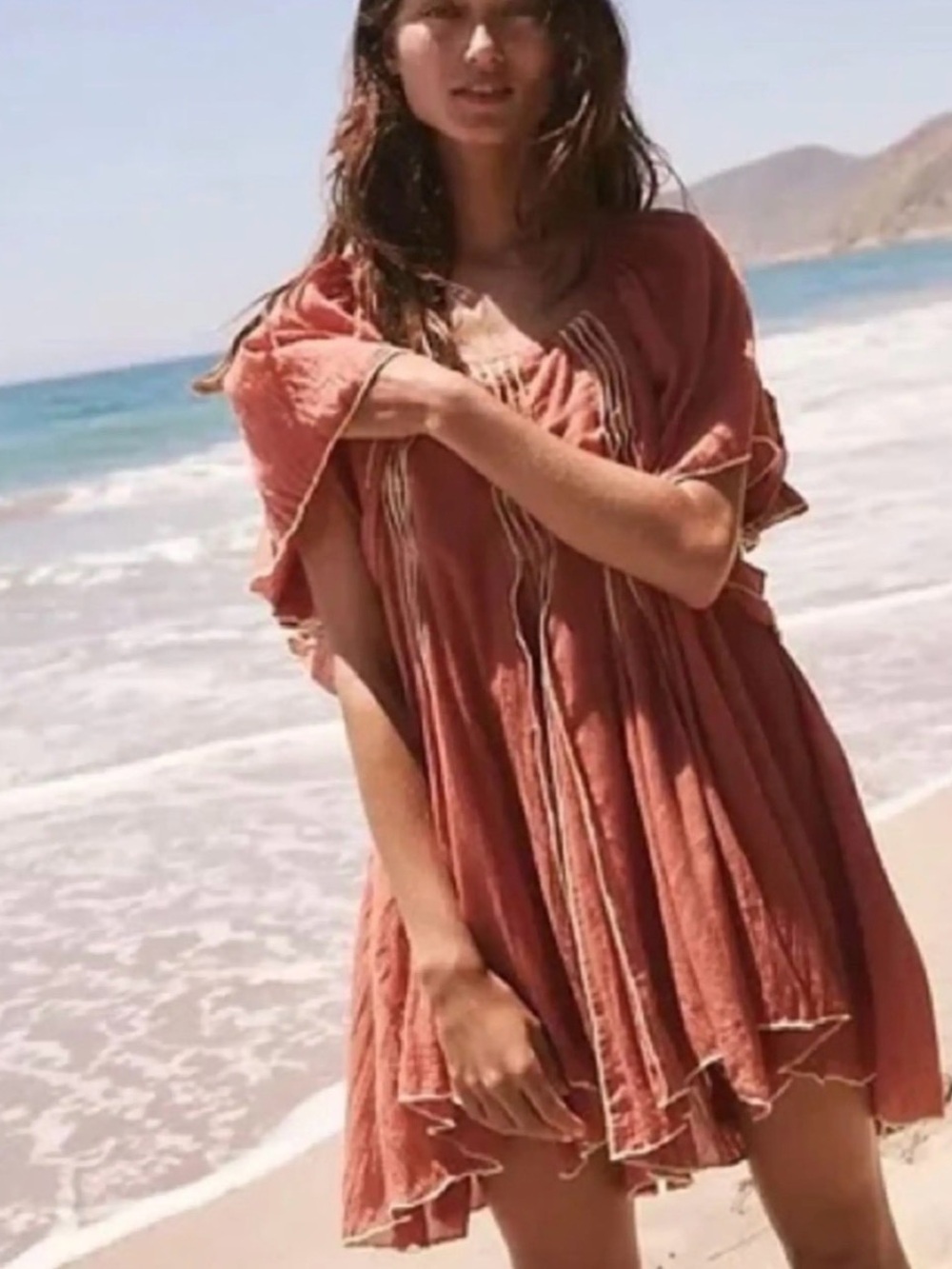 Free People JOELLE  Burnt Orange Flutter-Sleeve High-Low Tunic Dress